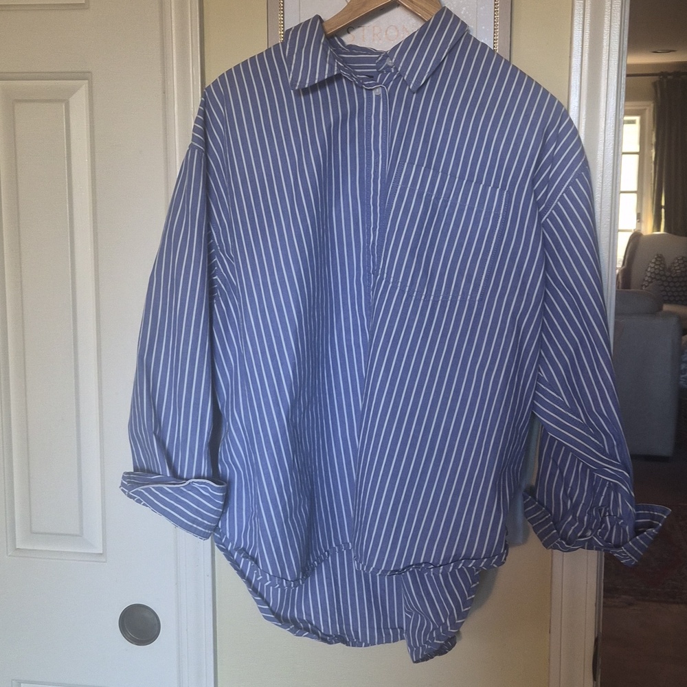 J. Crew Blue and White Vertical Stripe Button-Down Shirt Oversize